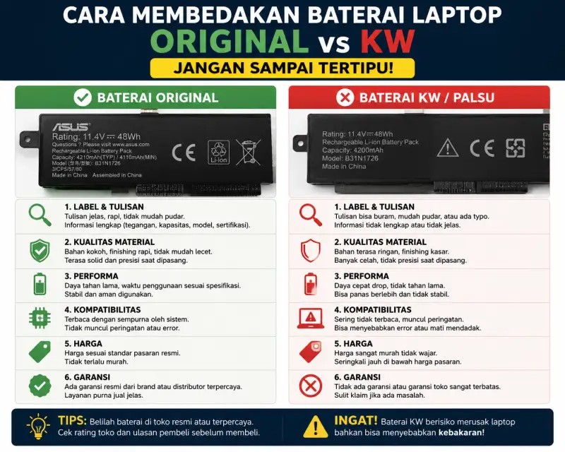 Cara Membedakan Baterai Laptop Original vs KW — Jangan Sampai Tertipu!